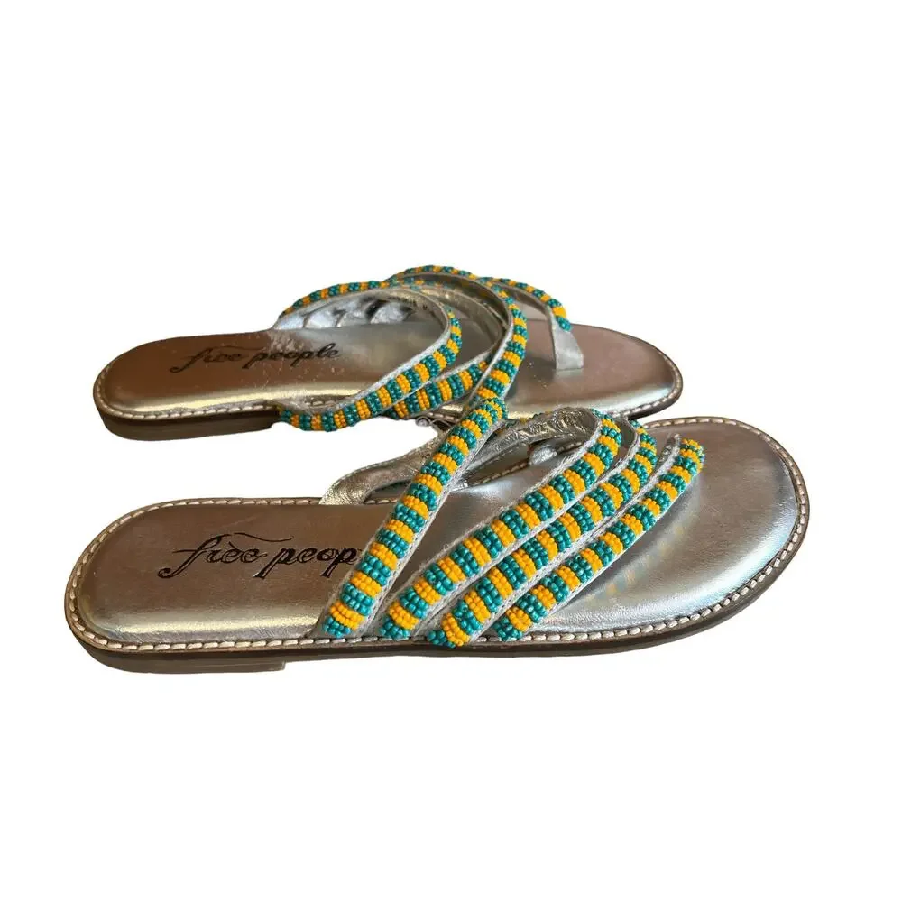 Free People Beatrice Beaded Flat Sandals Turquoise Silver